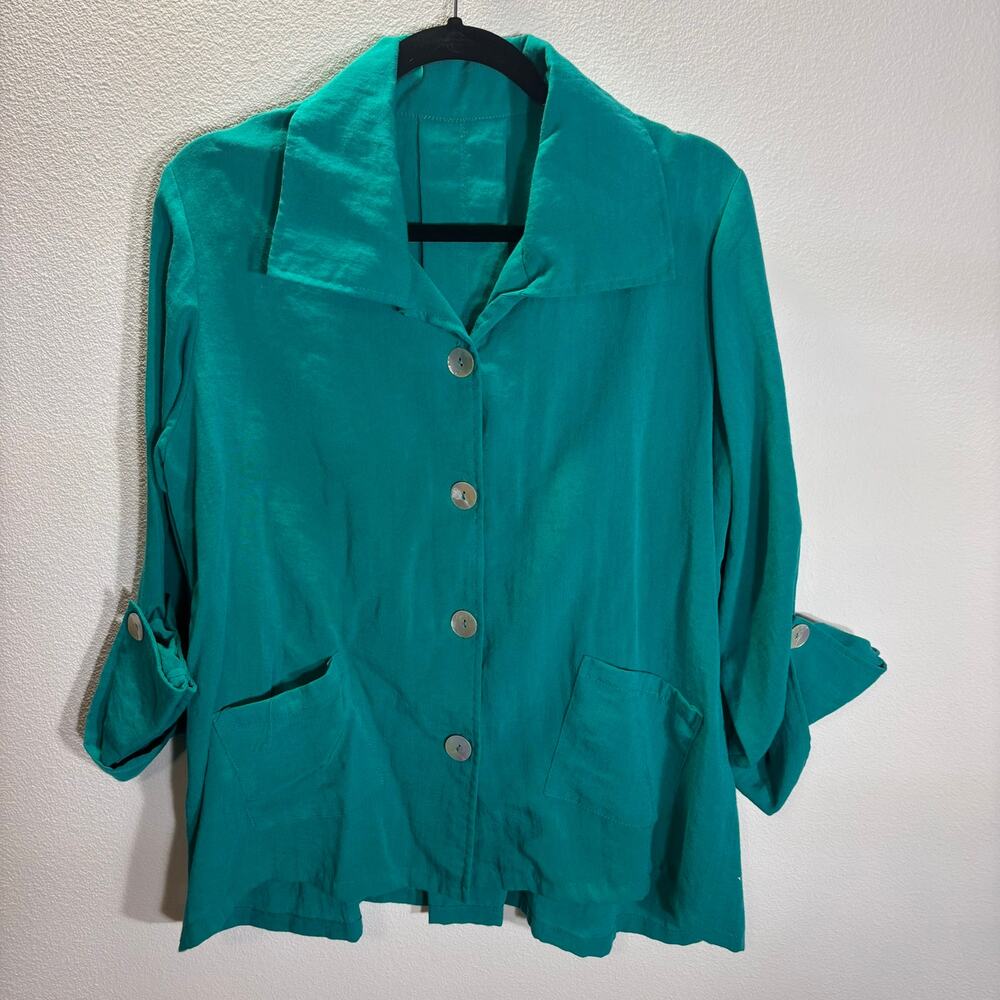 Fridaze 100% Linen Teal Button Front Jacket Top Womens Size Large Roll Tab